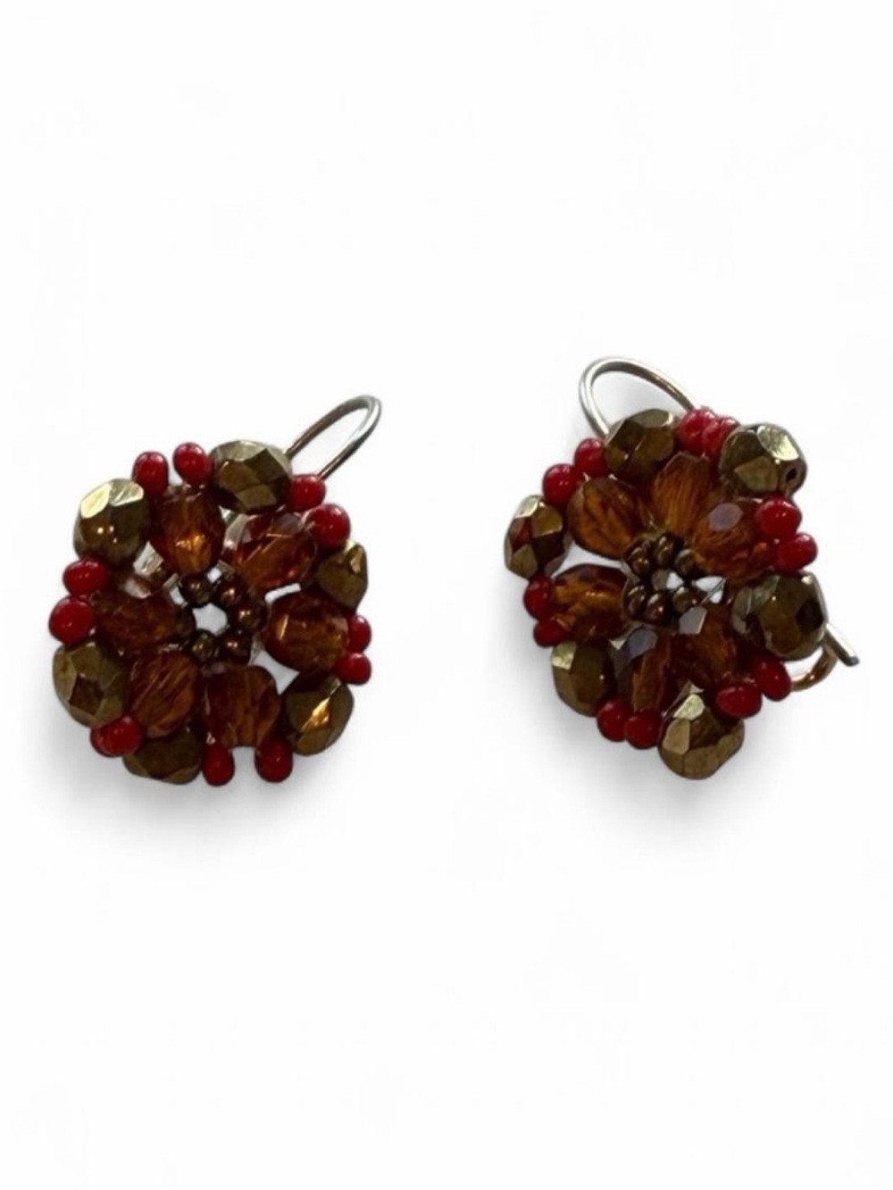 Vintage Beaded Cluster Drop Earrings Red Amber Gold - Picture 2 of 4